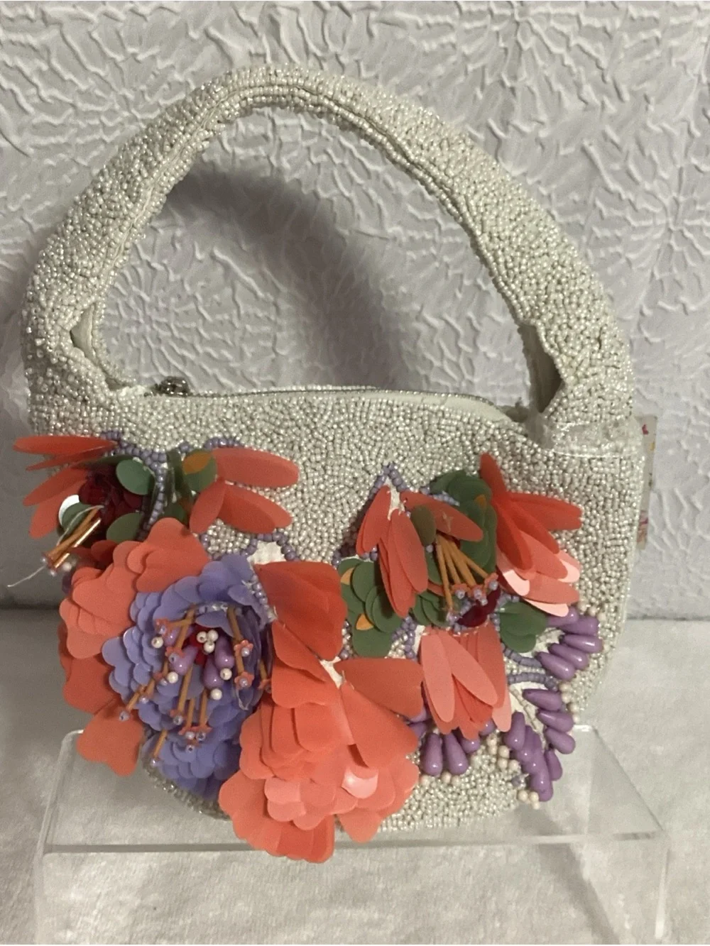 Viral Hand Crafted in India Cream Beaded Coral Floral Accented Satchel Bag NEW